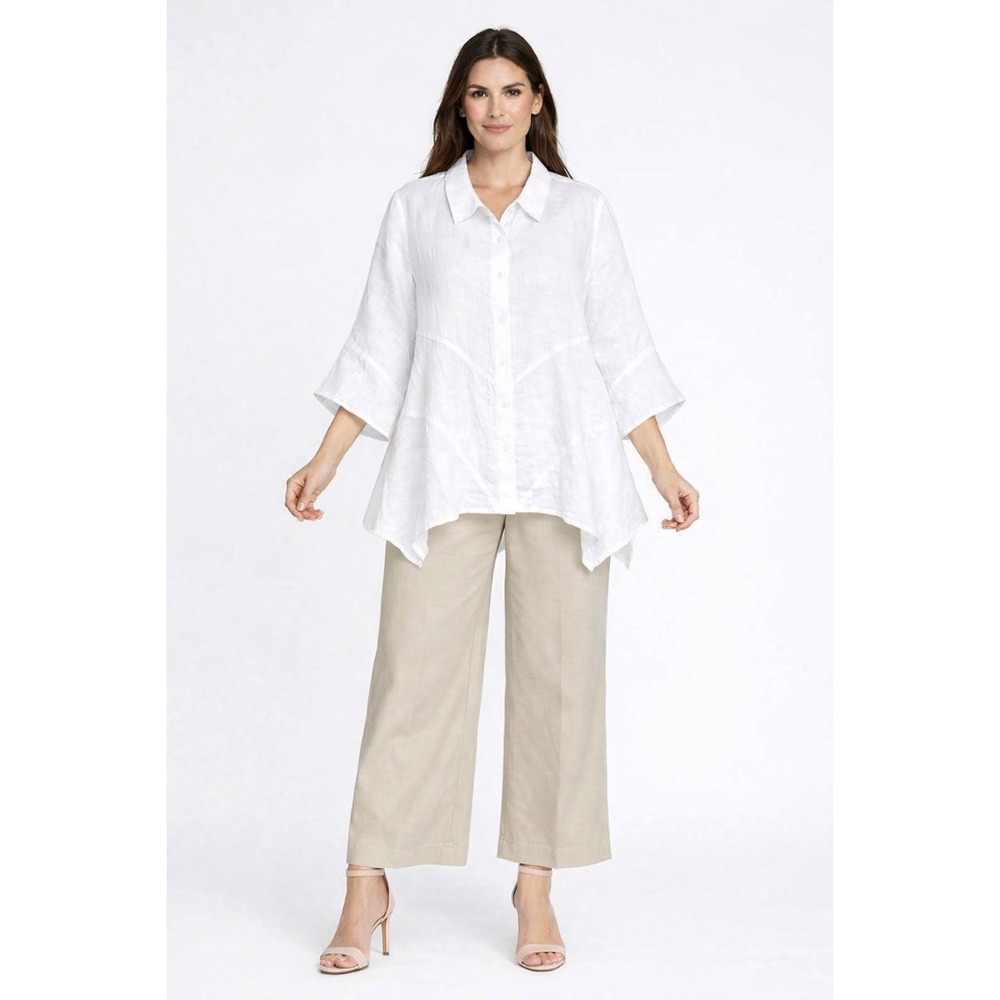 100% Linen Button Down Shirt Womens White Sharkbite Hem 3/4 Sleeve EUC - Picture 2 of 8